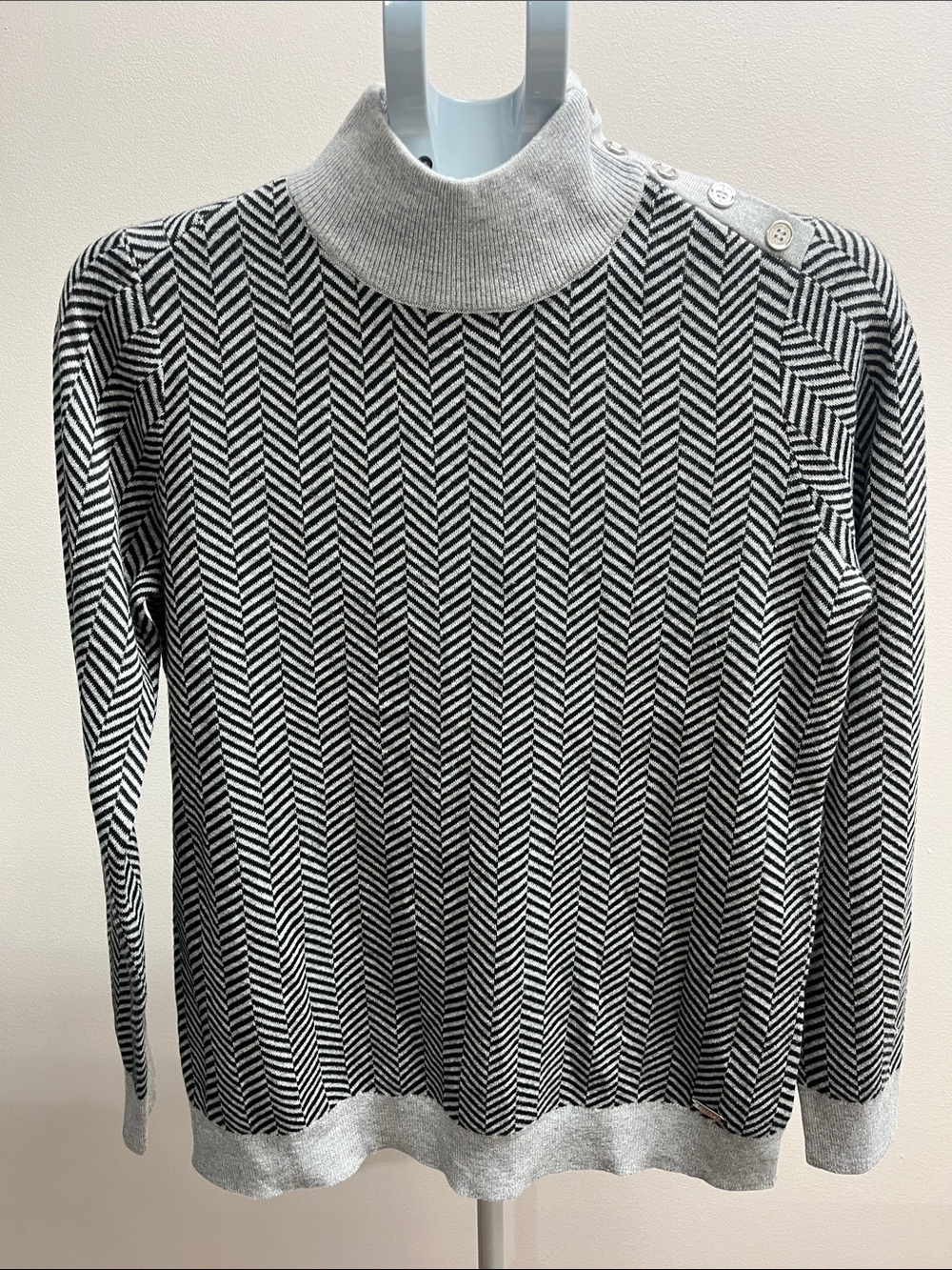 Calvin Klein Black & Gray Herringbone Turtleneck Sweater with Shoulder Buttons